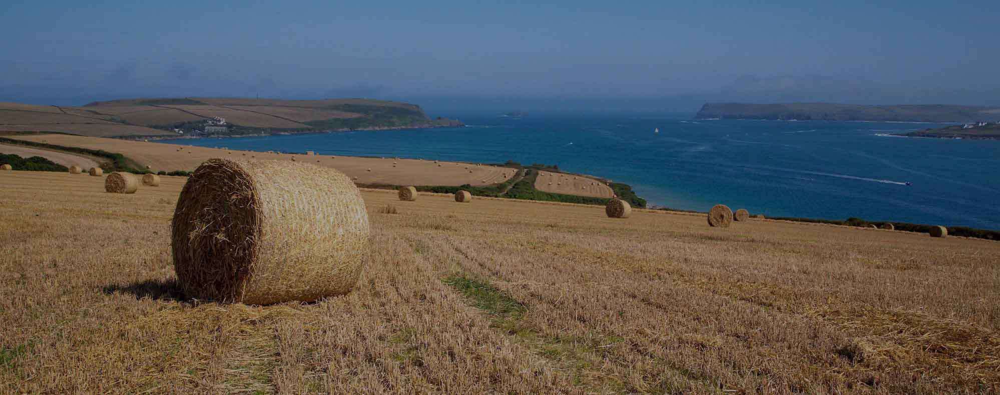 Hay bales in a golden stubble field above the Camel Estuary, with the Rock and Padstow headlands beyond, North Cornwall