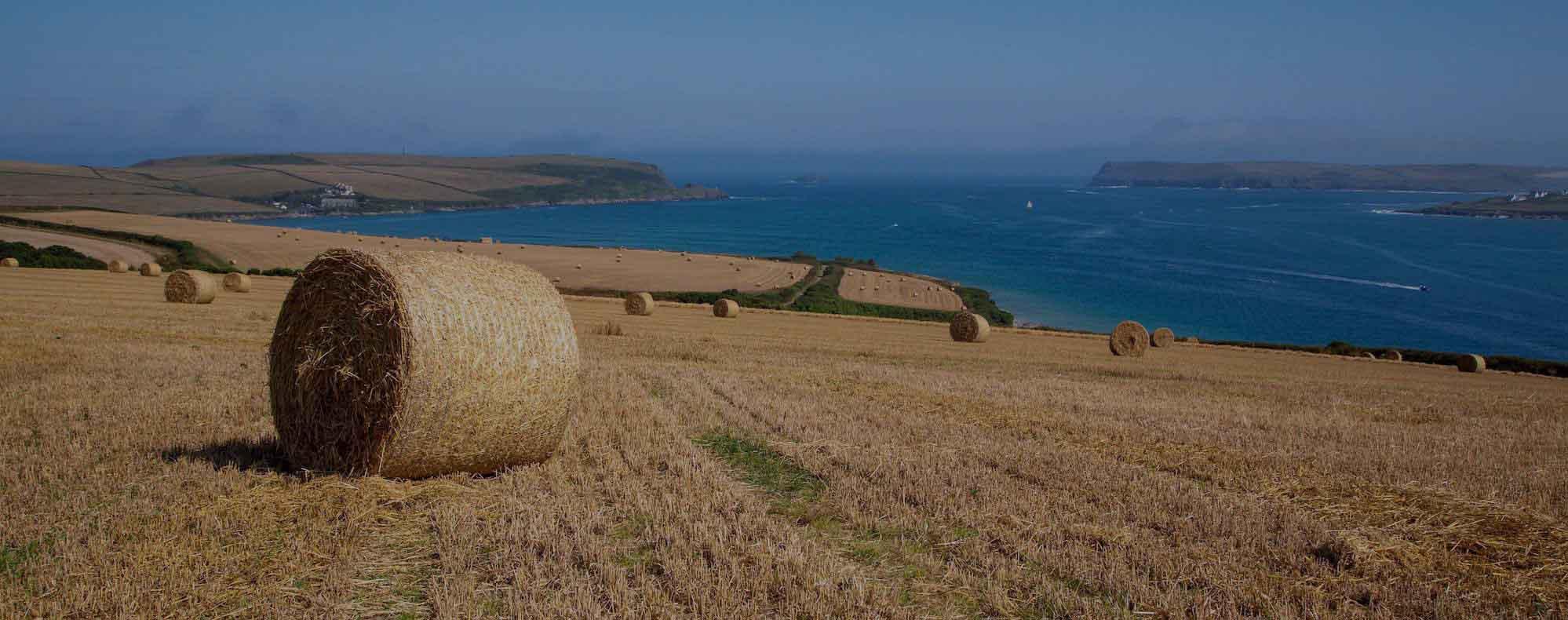 Hay bales in a stubble field above the Camel Estuary with the Padstow headlands beyond, North Cornwall