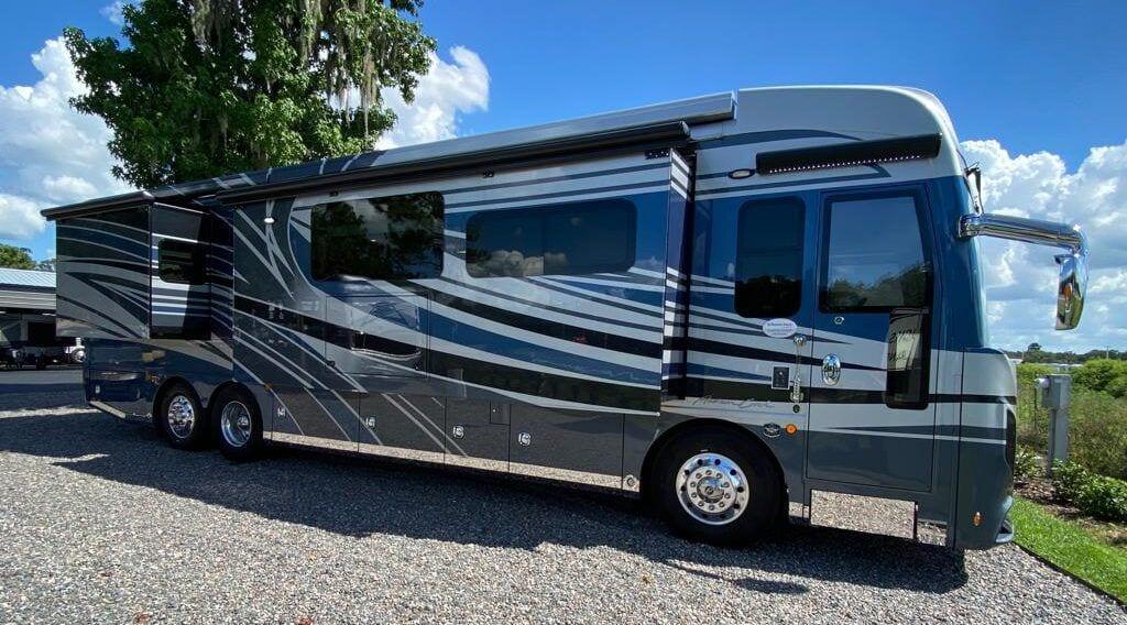 A large American-style motorhome in seasonal storage at Atlantic Bays Holiday Park, St Merryn near Padstow