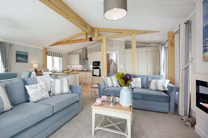 Bright lodge lounge with coastal styling at Atlantic Bays, Padstow